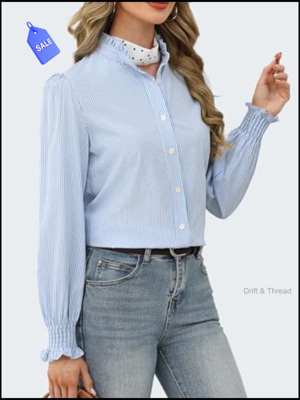 Women's Striped Button Down Shirt Long Sleeve Ruffle Collar Smocked Cuff Blouse - Picture 3 of 7